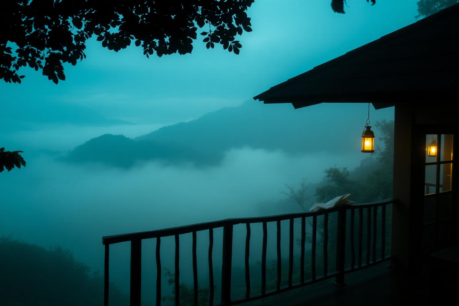 A misty forest cottage balcony overlooking the hills of Wayanad at dawn