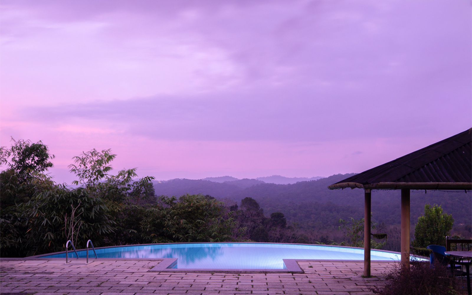 Infinity pool at dusk overlooking the Wayanad valley