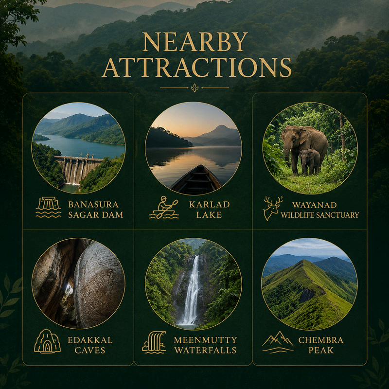 Nearby attractions including Banasura Sagar Dam, Karlad Lake, Wayanad Wildlife Sanctuary, Edakkal Caves, Meenmutty Waterfalls and Chembra Peak